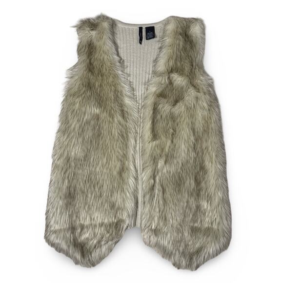 New Directions Faux Fur Vest L | Tan Knit Back Open Front Layering Fall Winter - Picture 1 of 6